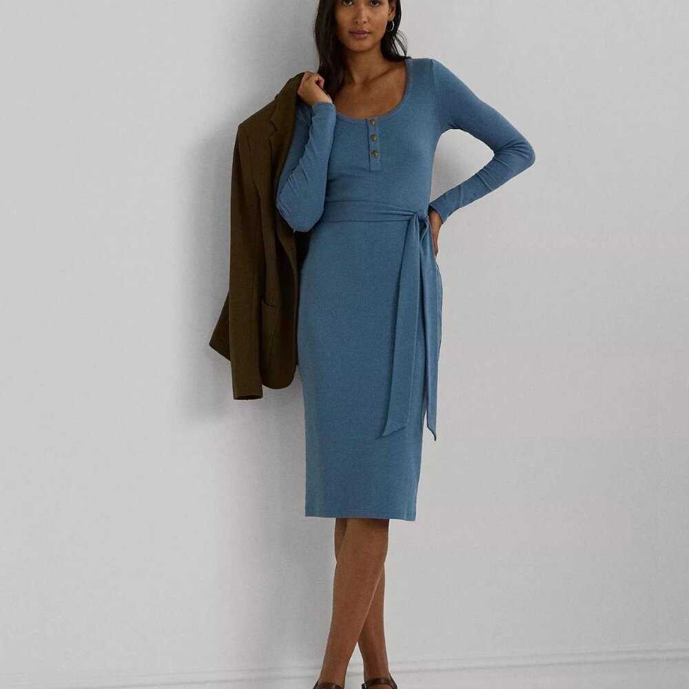 Lauren Ralph Lauren Rib Knit Henley Belted Midi Dress M Long Sleeve